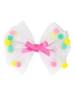Pink Poppy Mesh Bow With Pom Pom Hairclip In White Multi